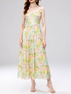 💚 Hello Gorgeous! Floral Brocade Lace A-Line Midi Dress - Green